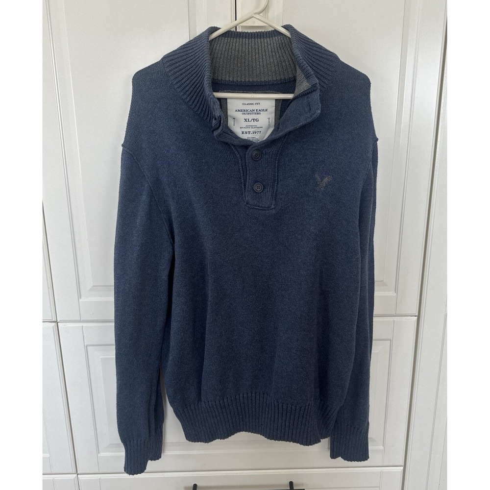 American Eagle Mens Gray Long Sleeve 1/2 Zip Button Pullover Sweater Size XL